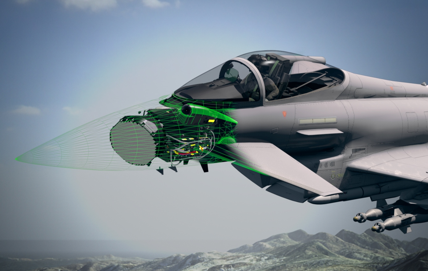 Image shows a graphic of a RAF Typhoon in flight over mountains, with the aircraft nose showing inside the structure.